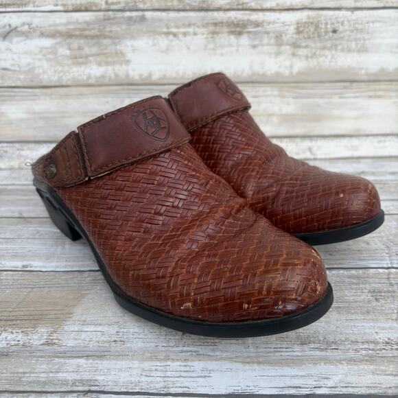 Ariat Shoes Sz 6 Mules Slingback Brown Woven Leather Western Chunky Cowgirl Boho - Picture 4 of 14
